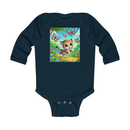 Butterfly Chase Leopard Cub Baby Long Sleeve Bodysuit – Whimsical Meadow Adventure Design