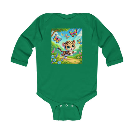 Butterfly Chase Leopard Cub Baby Long Sleeve Bodysuit – Whimsical Meadow Adventure Design