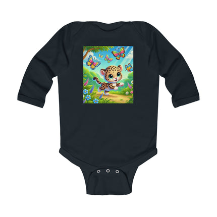 Butterfly Chase Leopard Cub Baby Long Sleeve Bodysuit – Whimsical Meadow Adventure Design