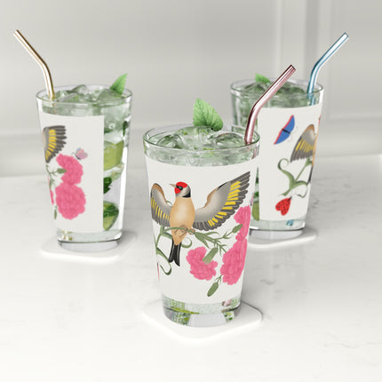 Goldfinch & Pink Flowers Pint Glass – Vibrant Spring & Bold Beauty