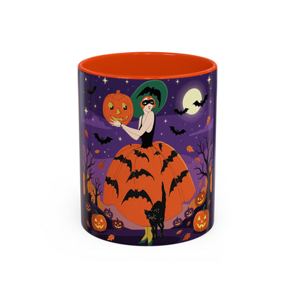 🎃🌕 The Pumpkin Moon Enchantress Colorful Mug – Elegant Halloween Masquerade