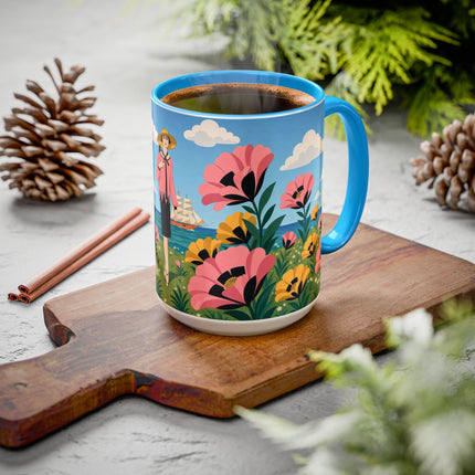 🌸⛵ The Seaside Blossom Promenade Colorful Mug – Art Deco Coastal Elegance