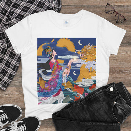 Dragon Pearl Offering Women's Midweight Cotton Tee – Mystical Fantasy & Golden Grace
