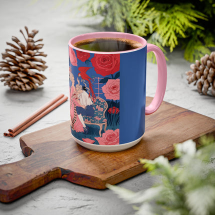 The Lady And The Scarlet Macaw Colorful Mugs – Art Deco Floral Elegance