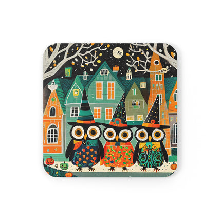 Night of the Trick-or-Treating Owlets Cork Back Coaster