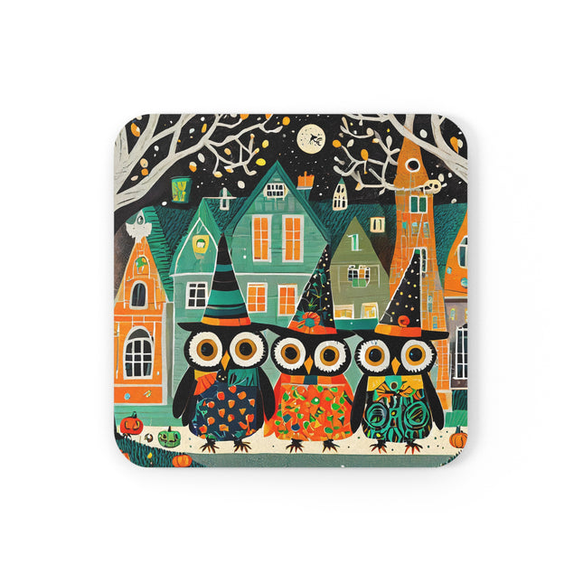 Night of the Trick-or-Treating Owlets Cork Back Coaster