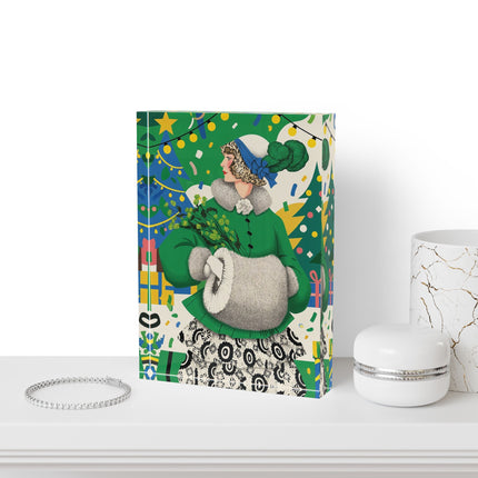 🍀🎄 The Emerald Holly Christmas Acrylic Art Block – Art Deco Holiday Elegance