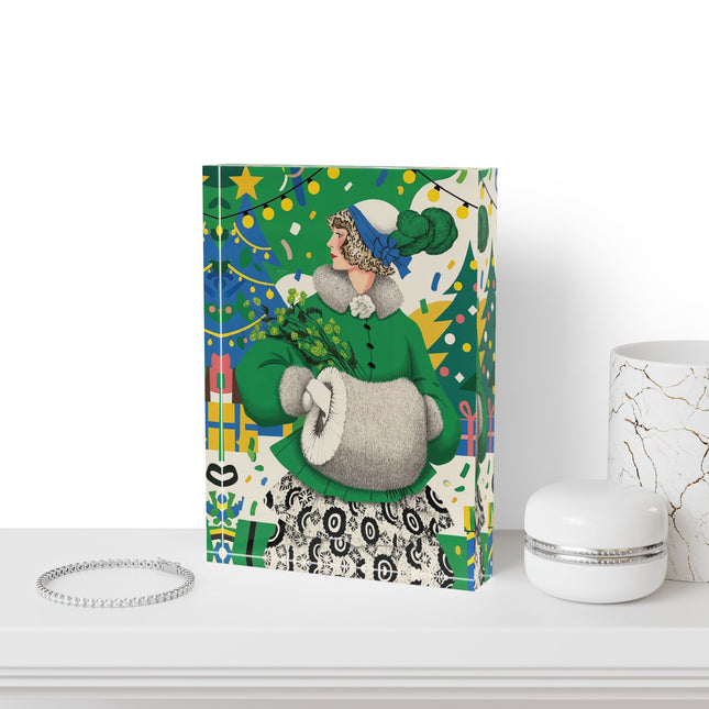 🍀🎄 The Emerald Holly Christmas Acrylic Art Block – Art Deco Holiday Elegance