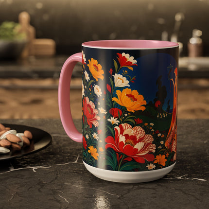 🌺🐦 The Enchanted Birdcage Garden Colorful Mug – Art Deco Floral Fantasy