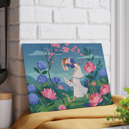 🌸☂️ The Lady Of The Falling Cherry Blossoms Glass Cutting Board – Art Deco Garden Fantasy
