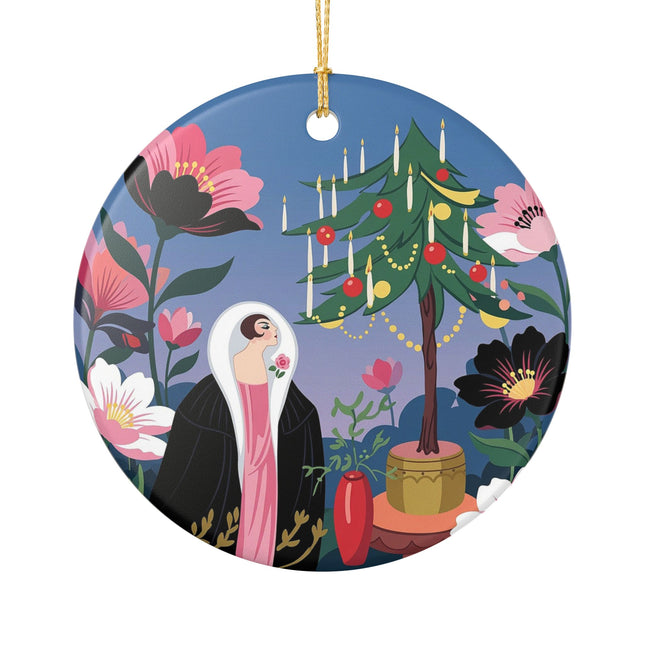 🌹🎄 The Lady Of The Candlelit Rose Tree Ceramic Ornament – Art Deco Christmas Garden