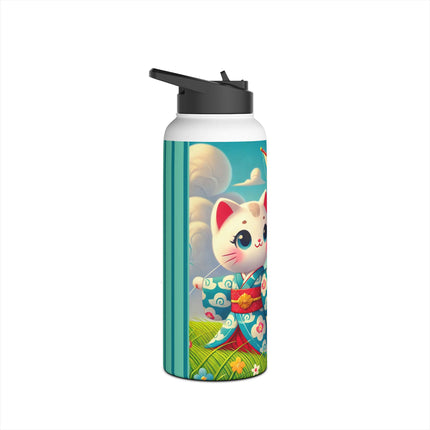 Geisha Kitten and the Dragon Kite Stainless Steel Water Bottle, Standard Lid