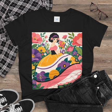 🌸💜 The Girl With The Flower Bouquet Cotton Tee – Art Deco Floral Whimsy