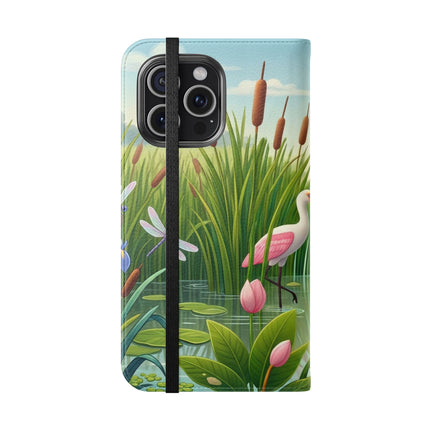 🦩🌸 Geisha Kitten Strolls Among the Spoonbills Flip Case – Serene Grace & Marshland Wonder