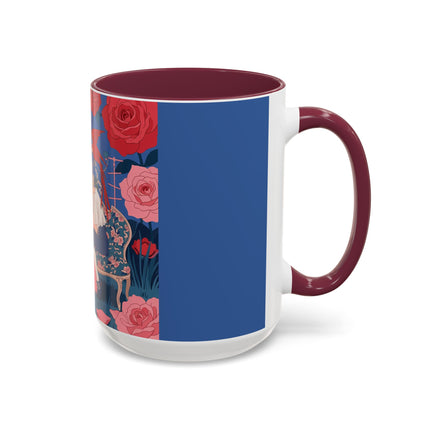 The Lady And The Scarlet Macaw Colorful Mugs – Art Deco Floral Elegance