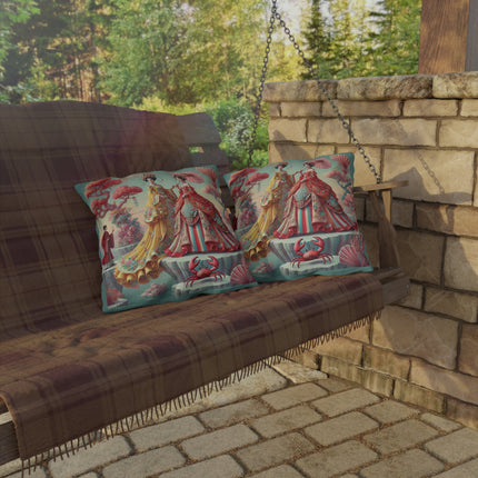 Cherry Blossom Courtesans & Crimson Crab Outdoor Pillows – Imperial Elegance & Playful Charm