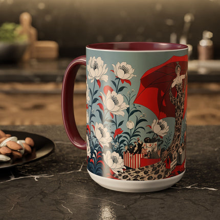 ❤️🌺 The Scarlet Parasol Spectacle Colorful Mug – Art Deco Fashion Elegance