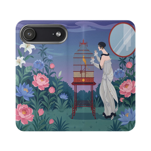 🐦🌸 The Lady And The Golden Bird Flip Case – Art Deco Floral Reverie