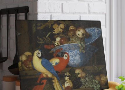 Fruit Still Life With Two Parrots by Balthasar van der Ast Glass Cutting Board