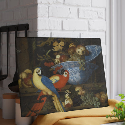 Fruit Still Life With Two Parrots by Balthasar Van der Ast Glass Cutting Board
