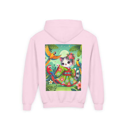 Parrot Dance of the Geisha Kitten Youth Hooded Sweatshirt – Tropical Joy & Whimsical Color