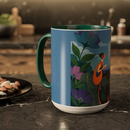 The Lady And The Sea Breeze Colorful Mugs – Art Deco Coastal Serenity