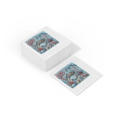 Spotted Crab & Pagoda White Coined Napkins – Mystical Ocean & Asian Harmony