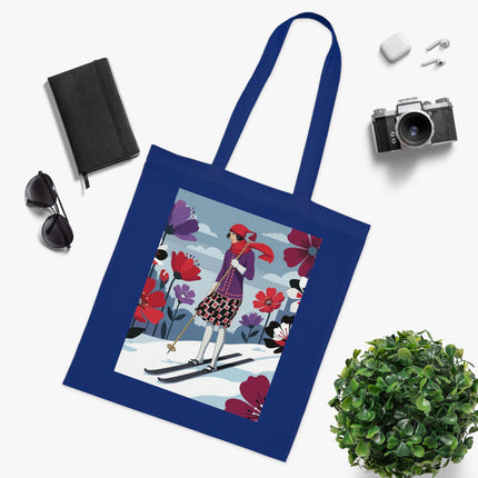 🎿🌺 The Winter Flower Skier Cotton Tote Bag – Art Deco Winter Fantasy