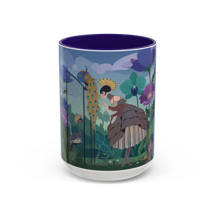 The Lady And The Enchanted Heron Colorful Mugs – Art Deco Botanical Elegance