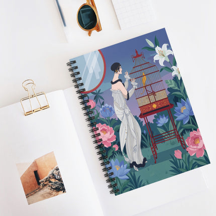 🕊️🌸 The Lady Of The Golden Bird Spiral Notebook – Art Deco Garden Whimsy