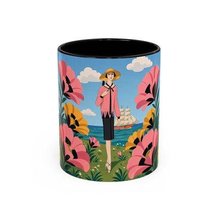 🌸⛵ The Seaside Blossom Promenade Colorful Mug – Art Deco Coastal Elegance