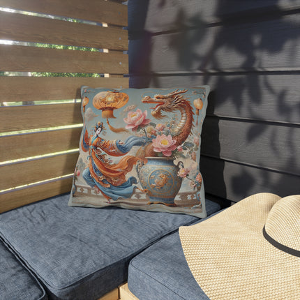 Golden Dragon & Lantern Lady Outdoor Pillows – Imperial Dragon & Elegant Harmony