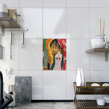 🕯️🎄 The Lady Of The Candlelit Christmas Alcove Ceramic Tile – Art Deco Holiday Elegance
