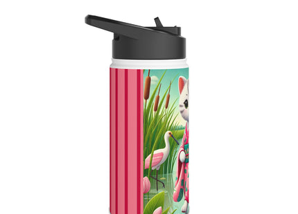 Geisha Kitten Strolls Among the Spoonbills Stainless Steel Water Bottle, Standard Lid