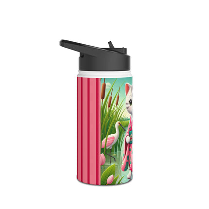 Geisha Kitten Strolls Among the Spoonbills Stainless Steel Water Bottle, Standard Lid