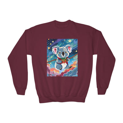 Cute Koala Youth Crewneck Sweatshirt – Dreamy Sky Adventure & Whimsical Wonder