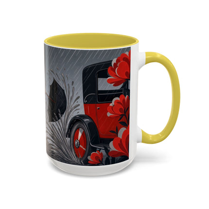 ☔🌹 The Scarlet Rainstorm Promenade Colorful Mug – Art Deco Motoring Elegance