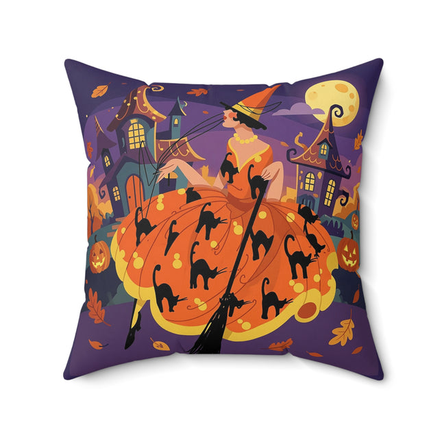 🐈‍⬛🎃 The Black Cat Witch Of Pumpkin Manor Square Pillow – Whimsical Halloween Charm