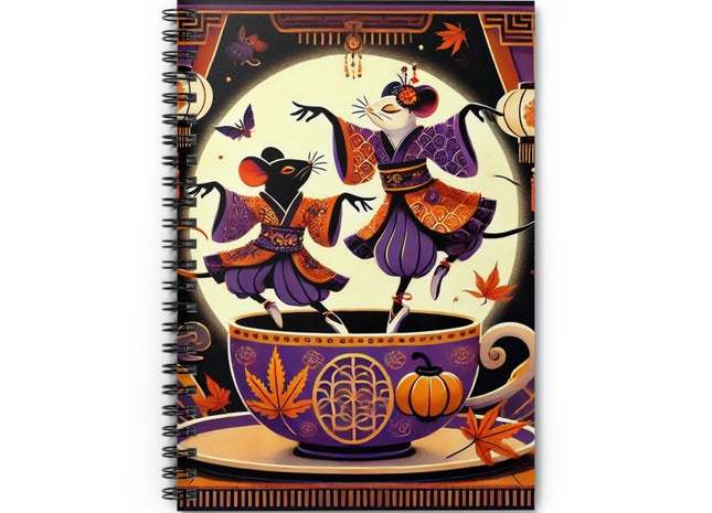 Theatrical Halloween Kabuki Mice on Teacup Spiral Notebook - Ruled Line