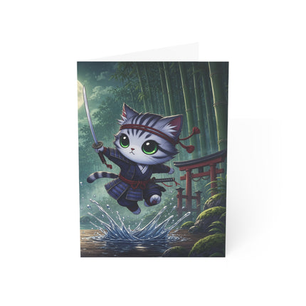 🐱🌕 The Moonlit Samurai Cat Greeting Card – Whimsical Bamboo Adventure