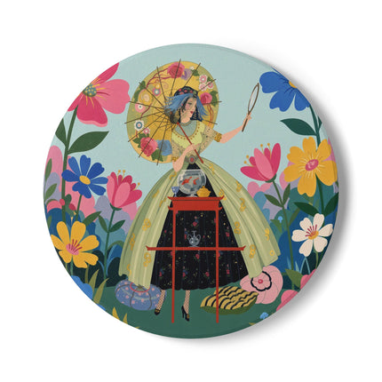 🌸🪞 The Floral Parasol Reflection Ceramic Coaster – Art Deco Garden Fantasy