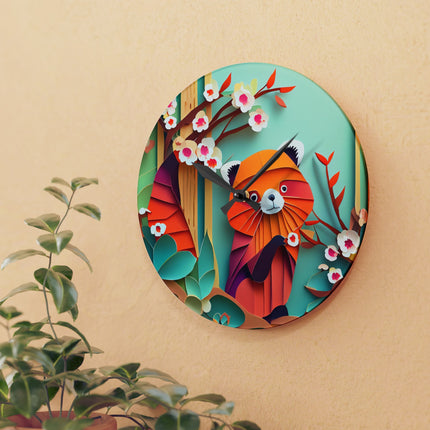 A Playful Red Panda Acrylic Wall Clock, Round and Square