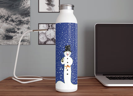 Snowman in Falling Snow Slim Water Bottle