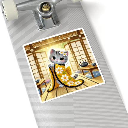 Playful Kitten in the Tea Room Kiss-Cut Stickers (4 Sizes)