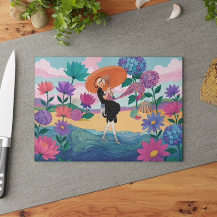 🌸☂️ The Lady Of The Painted Parasol Glass Cutting Board – Art Deco Floral Seaside Elegance