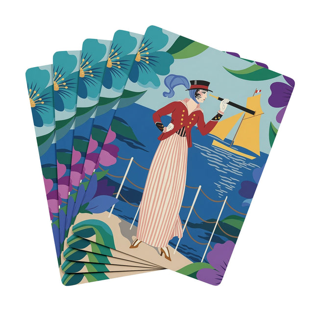 ⛵🌺 The Lady Of The Golden Horizon Playing Cards – Art Deco Coastal Elegance