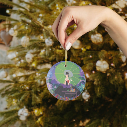 🧵🌙 The Lady Of The Moonlit Needlework Glass Ornament – Art Deco Crafting Elegance