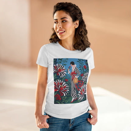 ❤️🌹 The Scarlet Striped Garden Cotton Tee – Art Deco Fashion Illustration