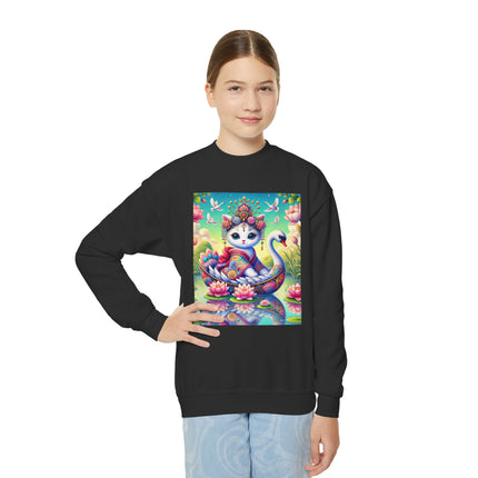 Geisha Kitten’s River Voyage Youth Crewneck Sweatshirt – Grace, Adventure & Storybook Charm