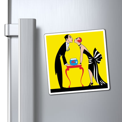 A Moment of Elegance: A Passionate Embrace Amidst Golden Splendor Magnets (3 Sizes)